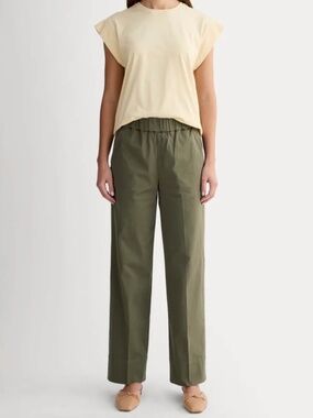 Everlane The Easy Pant Cotton Wide Elastic Pull On Trousers Pockets Olive Green